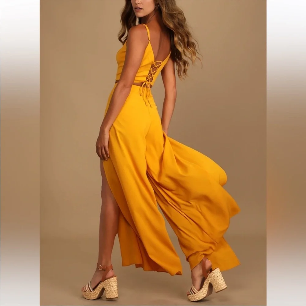 NWT Lulus Out Tonight Mustard Yellow Wide Leg Two Piece Set Size XXL Vacation - Picture 6 of 6